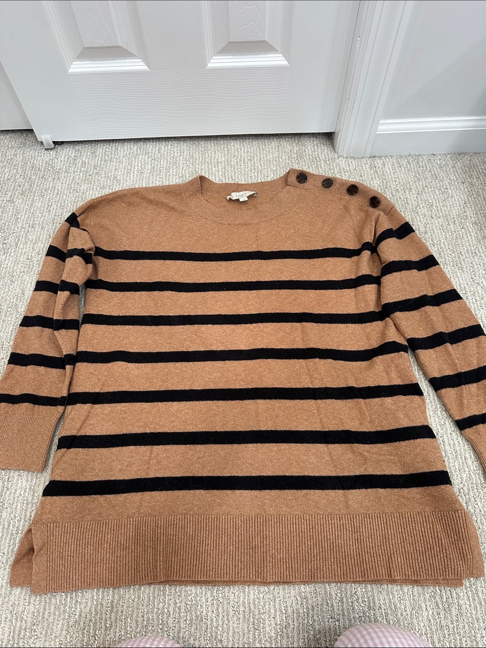 LOFT Striped Crewneck Sweater in Camel and Black with Shoulder Buttons